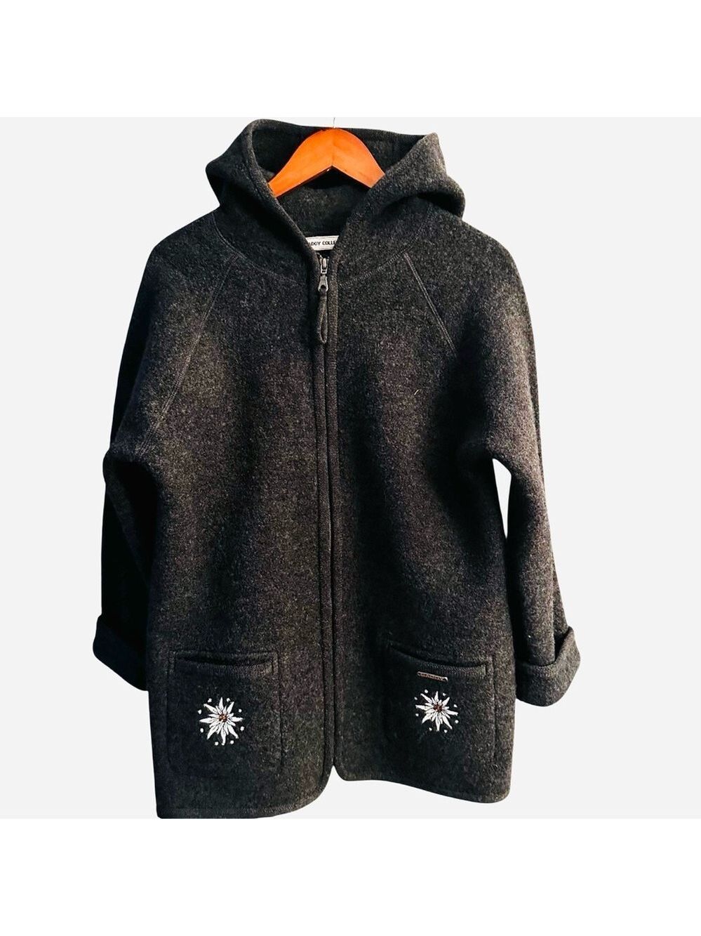 GADDY EMBROIDERED SHEEP &  STARS BOILED WOOL HOODED ZIP FRONT COAT Womens Med